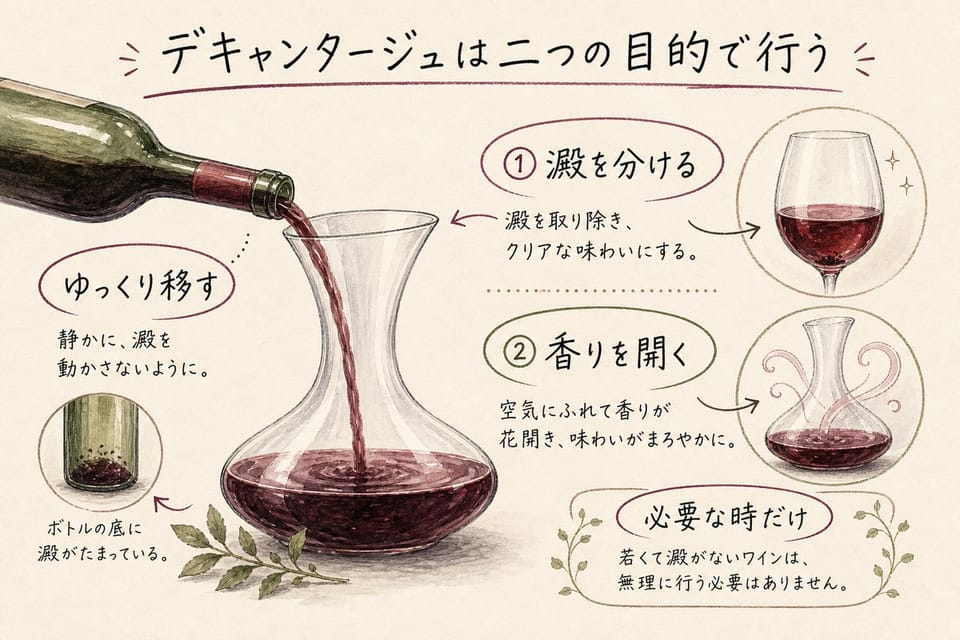 デキャンタージュの目的を澱を分けることと香りを開くことで説明する手書き風図解