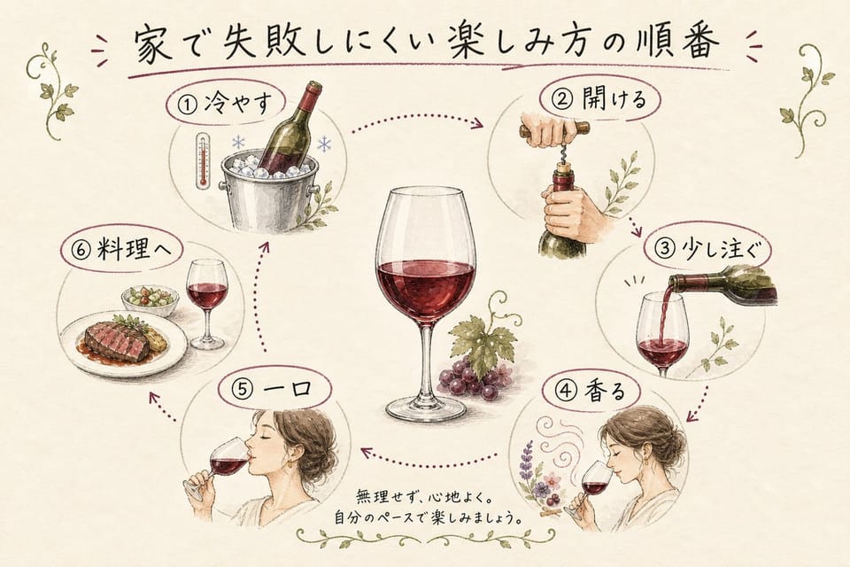 家でワインを楽しむ順番を冷やす、開ける、少し注ぐ、香る、一口、料理への流れで説明する手書き風図解