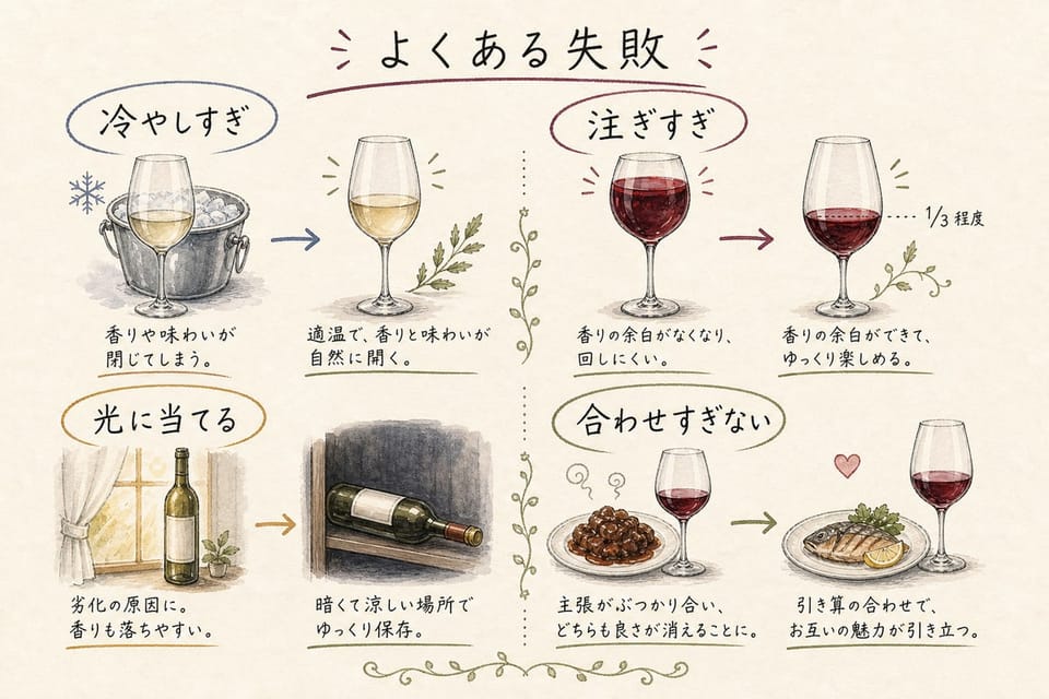 ワインのよくある失敗を冷やしすぎ、注ぎすぎ、光、合わせすぎで説明する手書き風図解