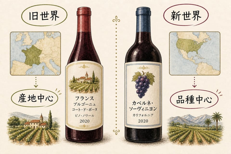 旧世界のワインラベルは産地中心、新世界のワインラベルは品種中心に書かれやすい違いを説明する手書き風図解