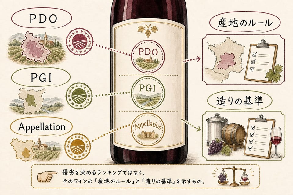 PDO、PGI、Appellationが産地のルールと造りの基準を示すことを説明する手書き風図解