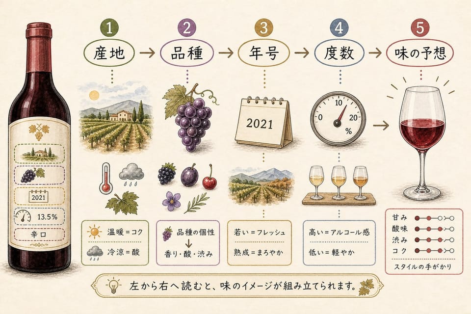 ワインラベルから産地、品種、年号、度数を順に見て味を予想する流れを説明する手書き風図解