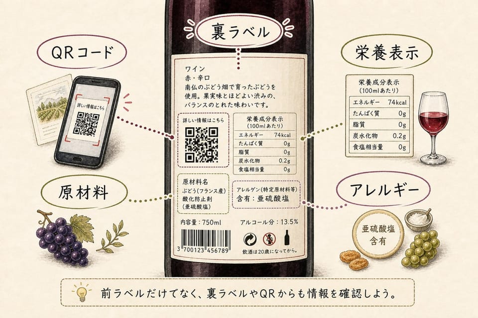 近年のEUワインラベルでQRコード、栄養表示、原材料、アレルギー、裏ラベルを見る点を説明する手書き風図解