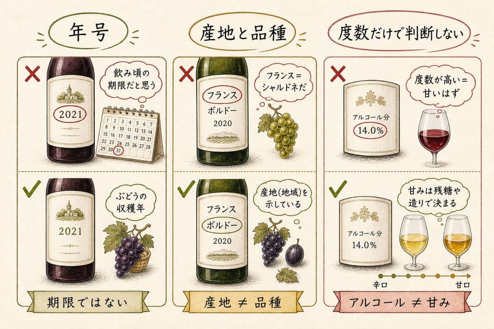 ワインラベルのよくある読み違いとして年号は期限ではない、産地と品種は違う、度数だけで甘みを判断しないことを説明する手書き風図解