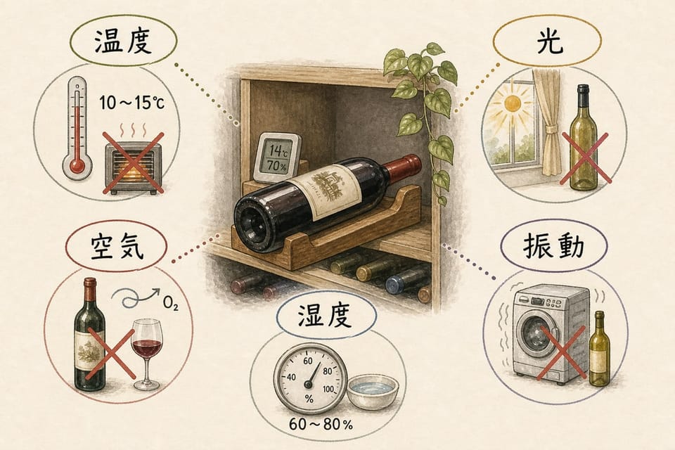 ワイン保存の基本を温度、光、振動、湿度、空気の五つで説明する手書き風図解