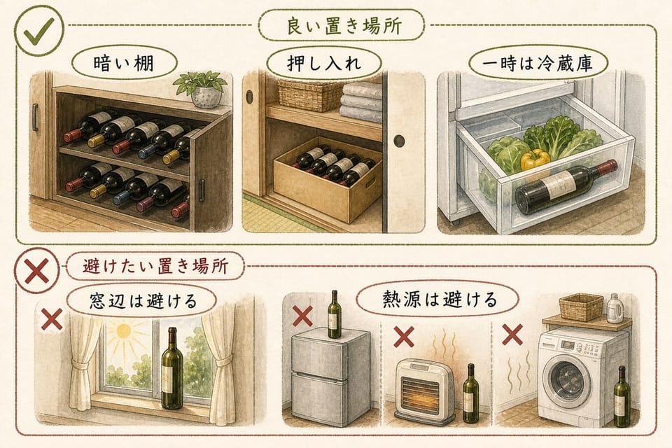ワインセラーがない家庭で暗い棚、押し入れ、冷蔵庫を使い、窓辺や熱源を避ける置き場所を説明する手書き風図解