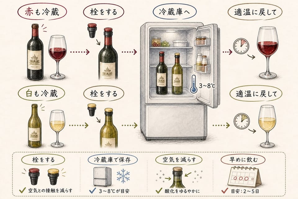 開封後の赤ワインと白ワインを栓をして冷蔵庫で保存し早めに飲む流れを説明する手書き風図解