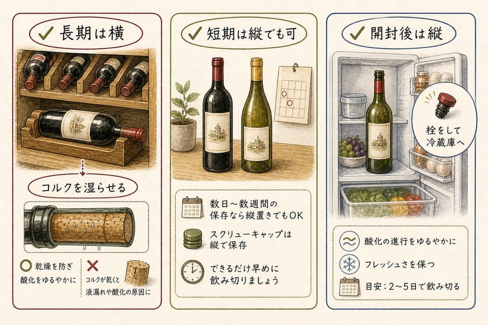 ワインボトルは長期保存なら横、短期なら縦でもよく、開封後は栓をして縦で冷蔵庫へ入れることを説明する手書き風図解