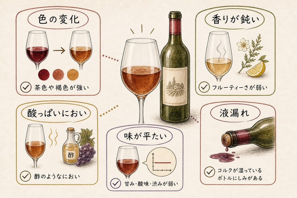 ワインの劣化サインを色の変化、香りの鈍さ、酸っぱいにおい、平たい味、液漏れで説明する手書き風図解