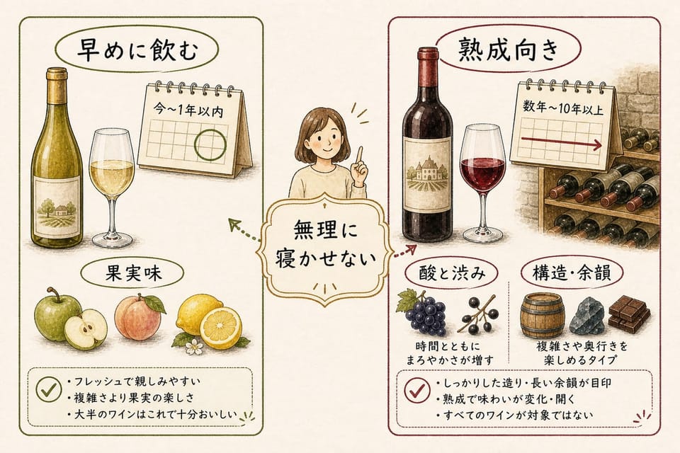 すべてのワインを寝かせる必要はなく、早めに飲むワインと熟成向きワインの違いを説明する手書き風図解