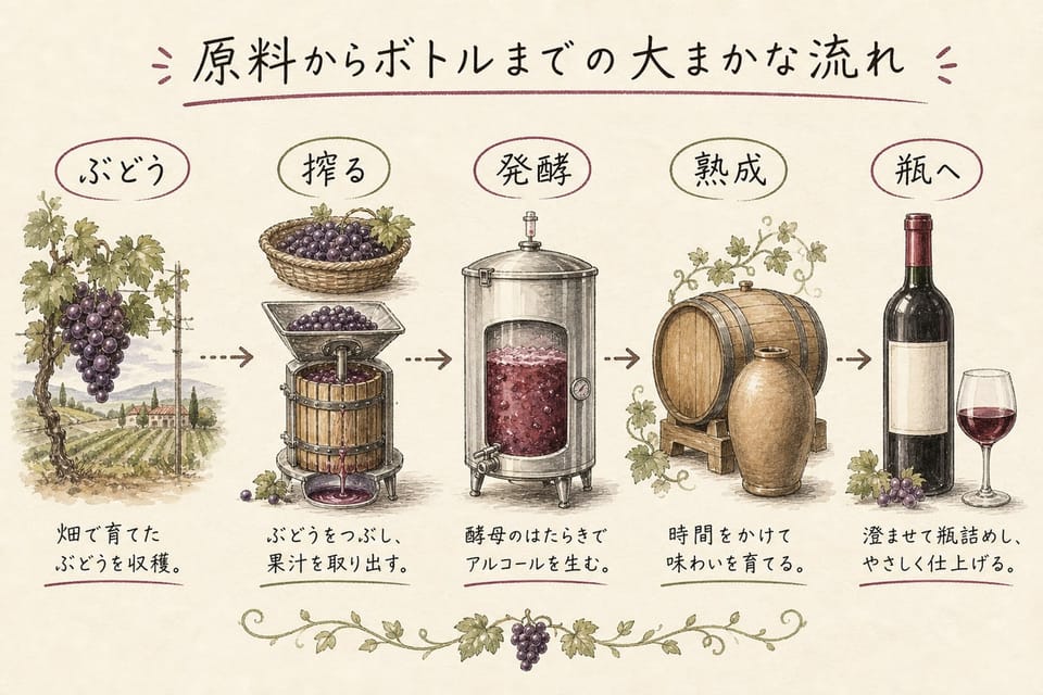 ワイン造りの大まかな流れをぶどう、搾る、発酵、熟成、瓶詰めで説明する手書き風図解