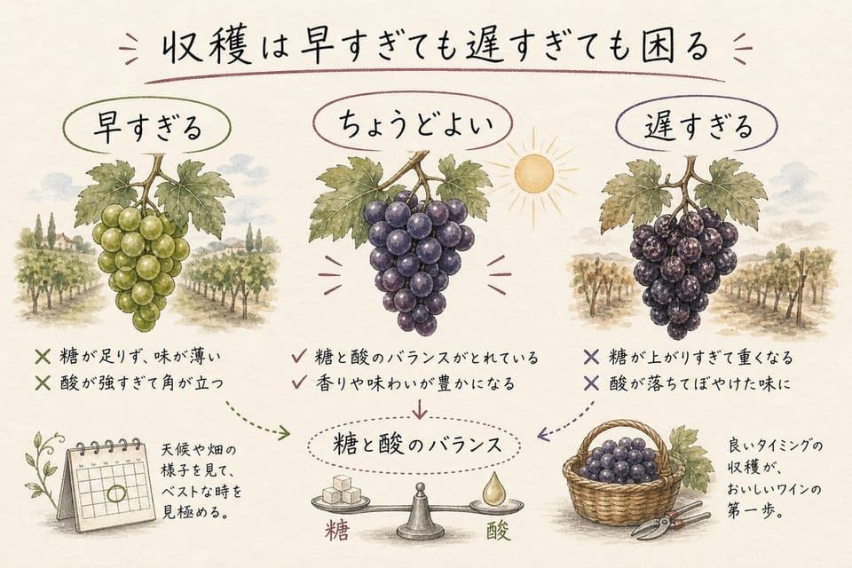 ワイン用ぶどうの収穫時期を早すぎる、ちょうどよい、遅すぎる状態と糖と酸のバランスで説明する手書き風図解