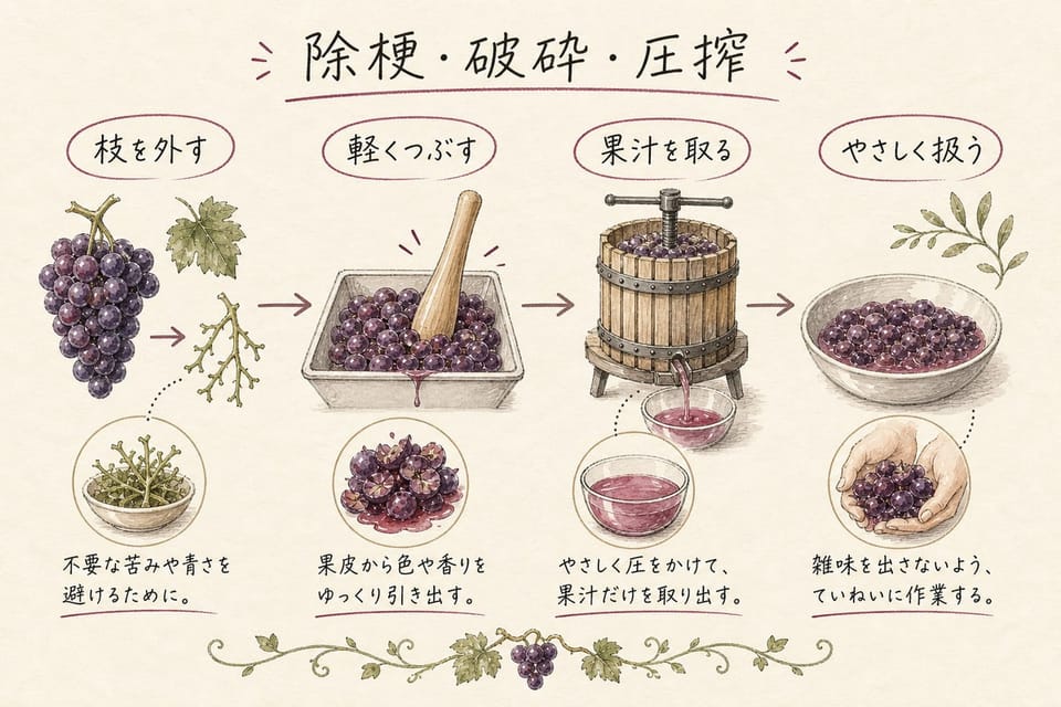 ワイン造りの除梗、破砕、圧搾を枝を外す、軽くつぶす、果汁を取る流れで説明する手書き風図解