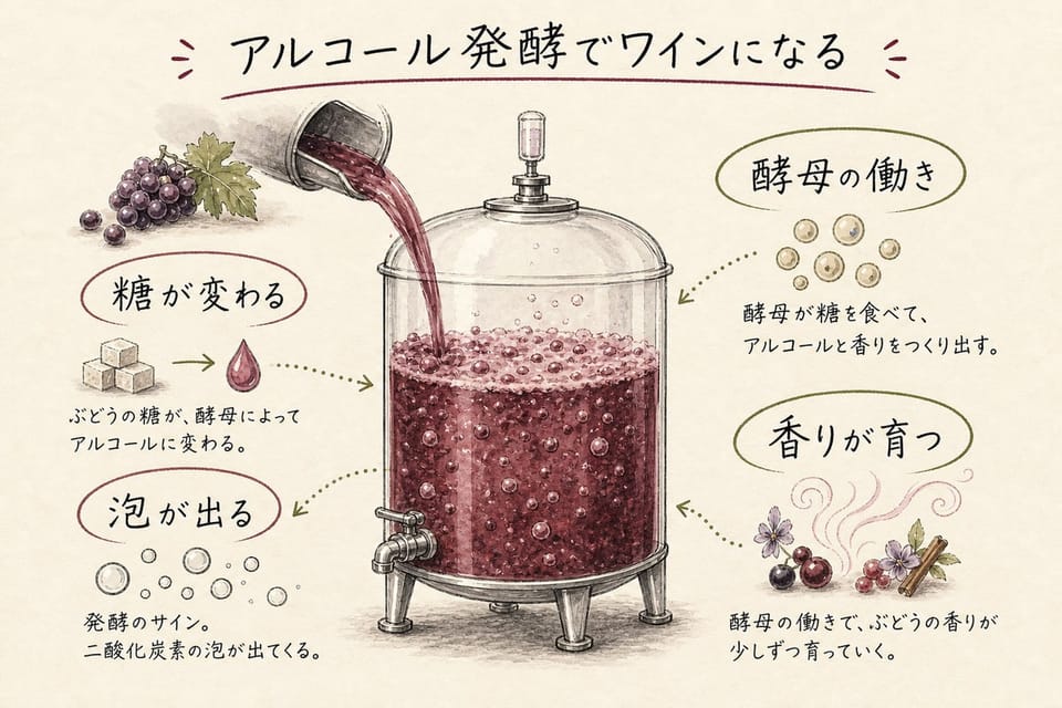 アルコール発酵でワインになる流れを糖、酵母、泡、香りで説明する手書き風図解
