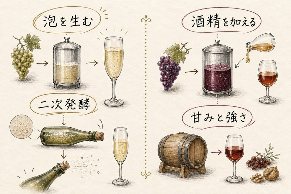 スパークリングワインと酒精強化ワインの違いを泡、二次発酵、酒精添加、甘みと強さで説明する手書き風図解