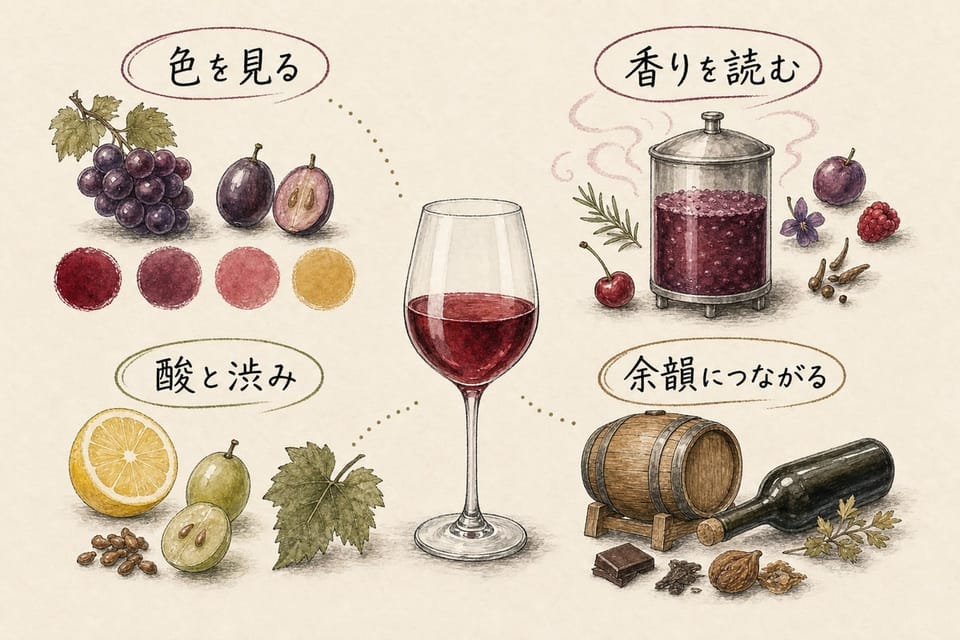 ワイン造りの工程を知ると見える色、香り、酸、渋み、余韻を説明する手書き風図解