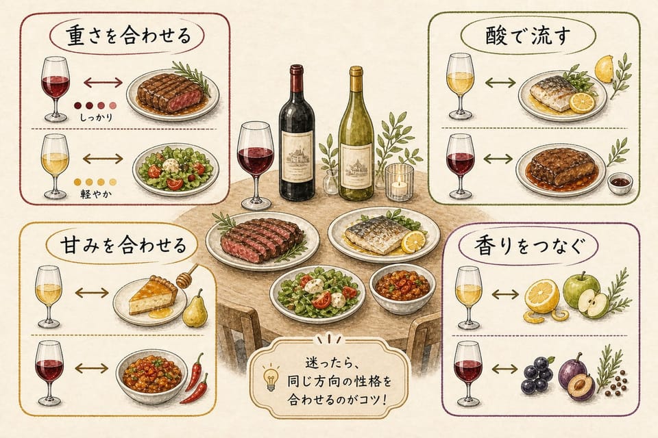 ワインと料理のペアリングの基本を重さ、酸、甘み、香りの四つで説明する手書き風図解