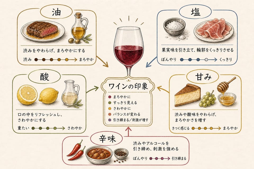 食べ物の油、塩、酸、甘み、辛味がワインの印象に与える影響を説明する手書き風図解