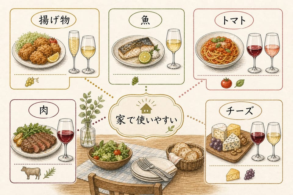 家庭で使いやすいワインと料理の具体例を揚げ物、魚、トマト、肉、チーズで説明する手書き風図解