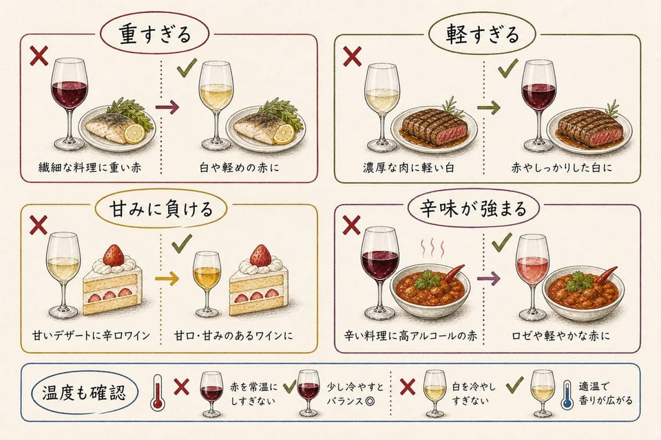 ワインと料理のペアリングでよくある失敗を重すぎる、軽すぎる、甘みに負ける、辛味が強まる、温度確認で説明する手書き風図解