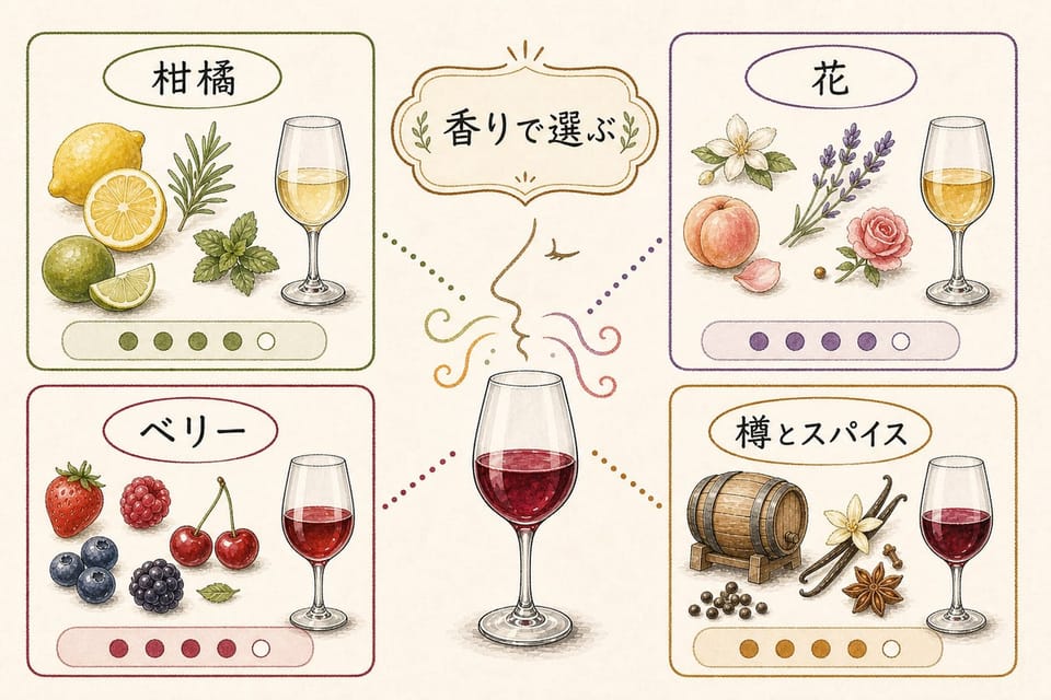 ワインを柑橘、花、ベリー、樽とスパイスの香りの好みで選ぶ方法を説明する手書き風図解