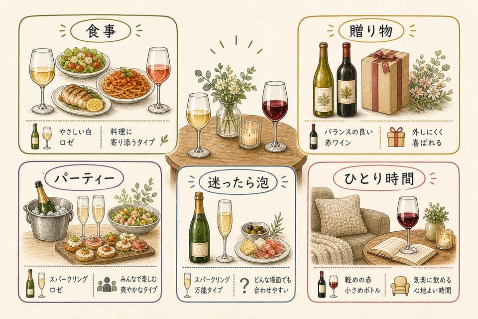 ワインを食事、贈り物、パーティー、ひとり時間、迷った時のシーン別に選ぶ方法を説明する手書き風図解