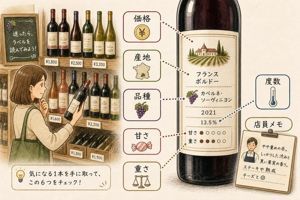 店頭で迷ったときに価格、産地、品種、甘さ、重さ、店員メモを読む方法を説明する手書き風図解