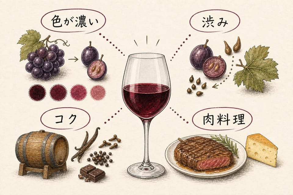 赤ワインの特徴を濃い色、渋み、コク、肉料理との相性で説明する手書き風図解
