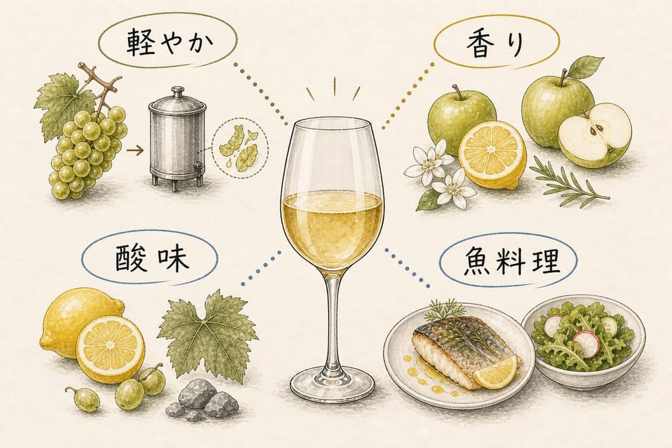 白ワインの特徴を軽やかさ、酸味、香り、魚料理との相性で説明する手書き風図解