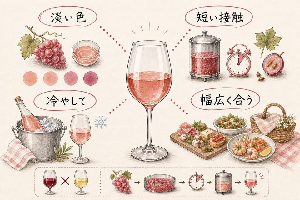 ロゼワインの特徴を淡い色、短い果皮接触、冷やして飲むこと、幅広い料理との相性で説明する手書き風図解