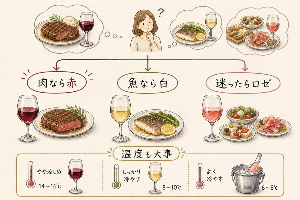 赤ワイン、白ワイン、ロゼワインの失敗しにくい選び方を肉、魚、迷った時、温度で説明する手書き風図解