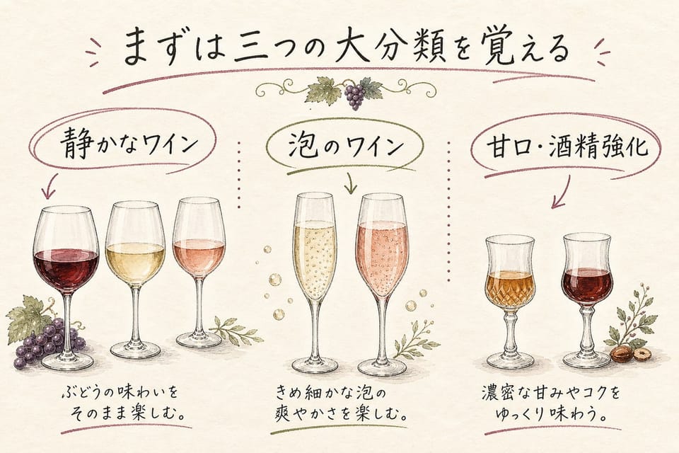 ワインの三つの大分類を静かなワイン、泡のワイン、甘口・酒精強化で説明する手書き風図解