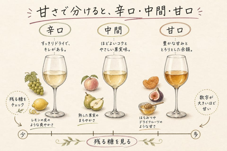 ワインの甘さを辛口、中間、甘口と残る糖で説明する手書き風図解