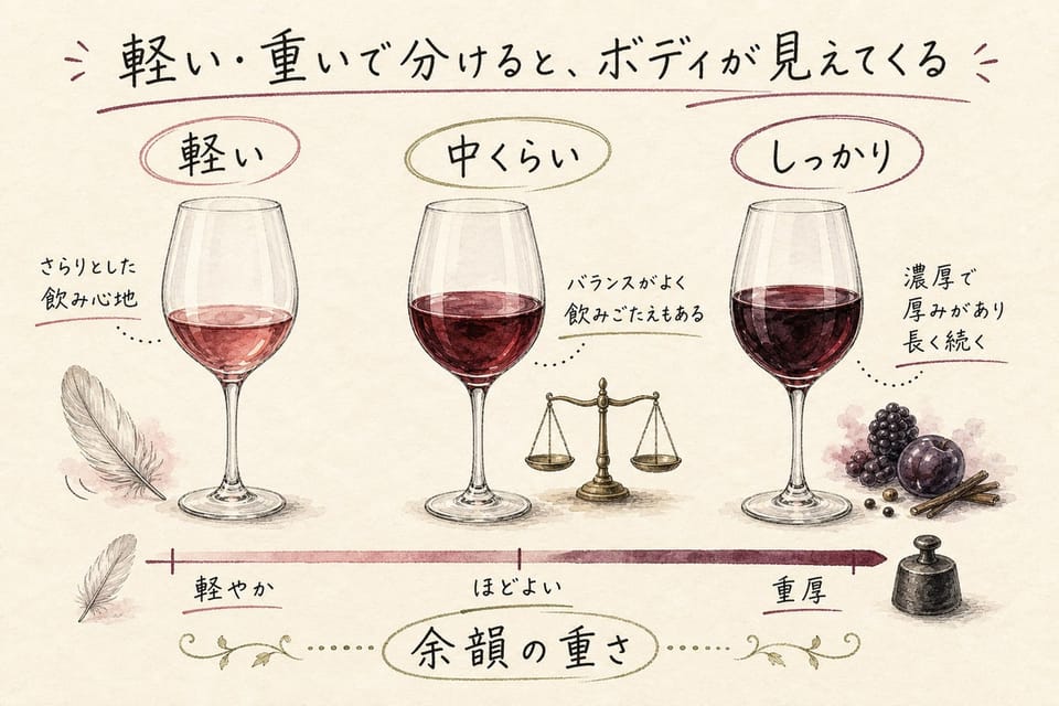 ワインのボディを軽い、中くらい、しっかりで説明する手書き風図解