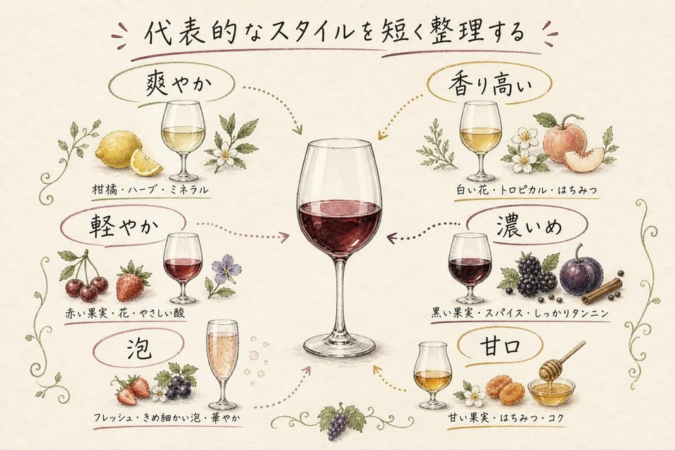 代表的なワインスタイルを爽やか、香り高い、軽やか、濃いめ、泡、甘口で説明する手書き風図解
