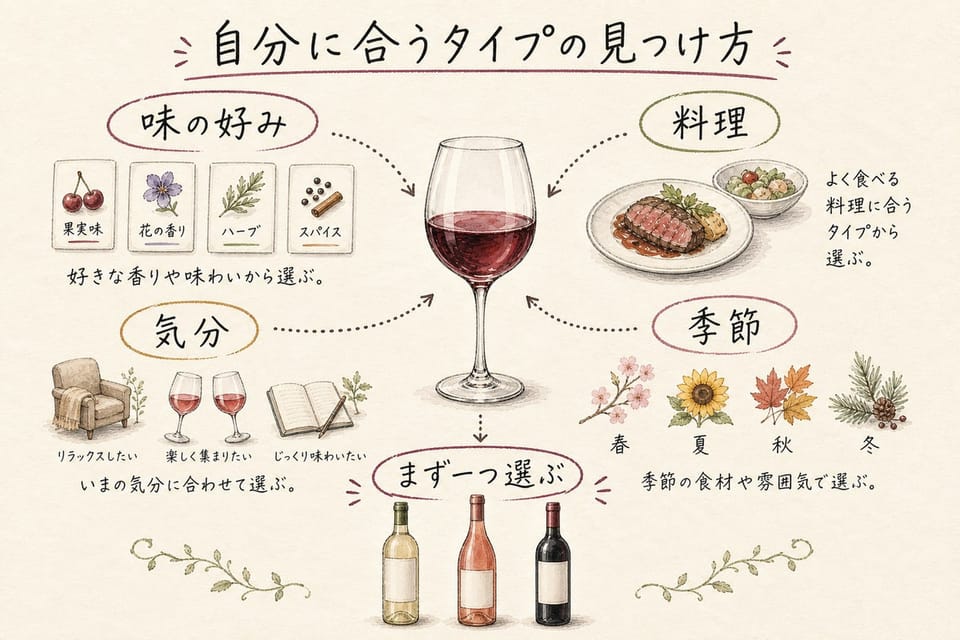 自分に合うワインタイプの見つけ方を味の好み、料理、気分、季節で説明する手書き風図解