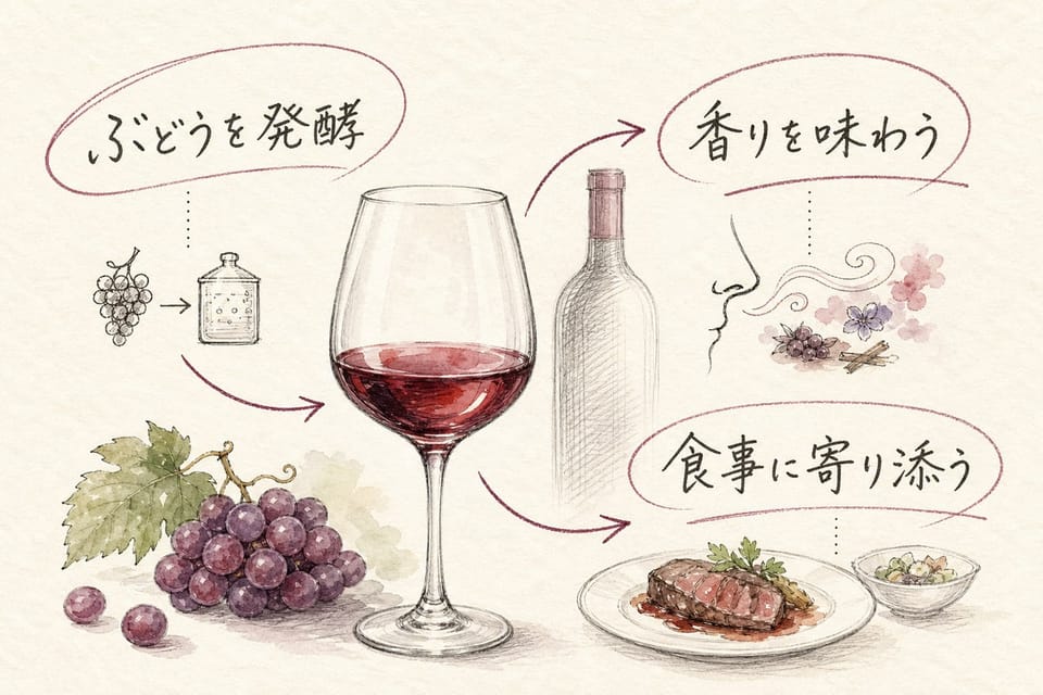 ワインとは何かを、ぶどうの発酵、香り、食事との相性で説明する手書き風図解