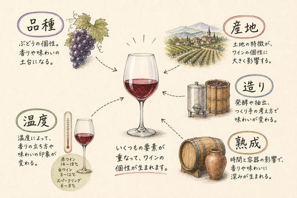 ワインを決める要素を、品種、産地、造り、熟成、温度で説明する手書き風図解