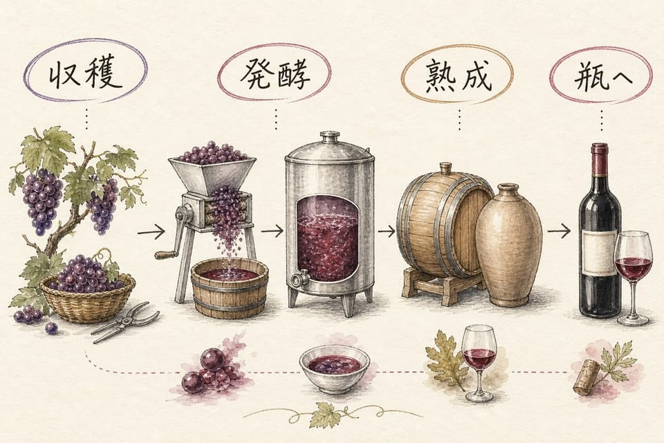 ワインの作り方を収穫、発酵、熟成、瓶詰めの流れで説明する手書き風図解