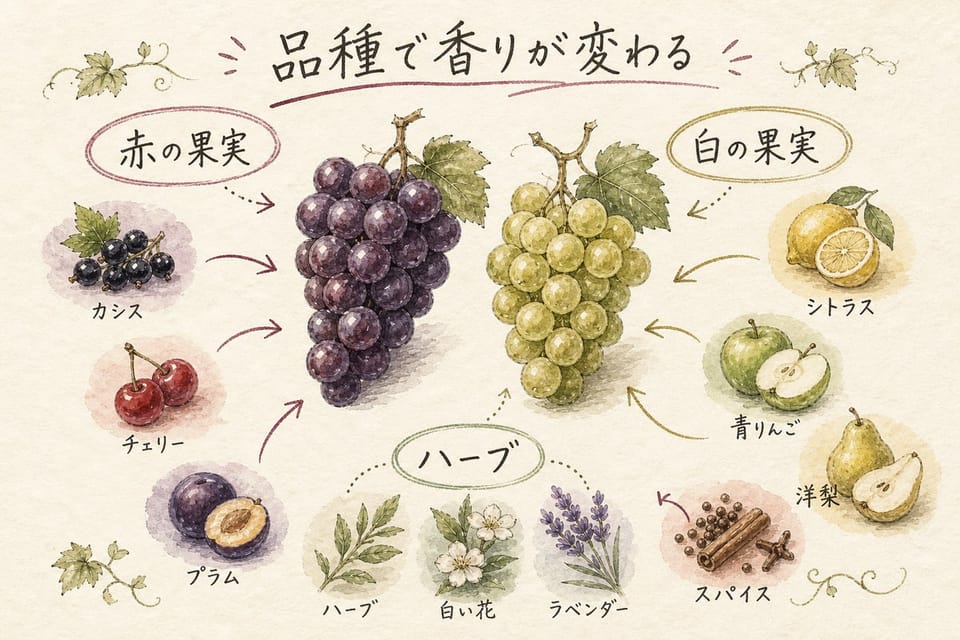 代表的なブドウ品種を赤と白の果実香で説明する手書き風図解