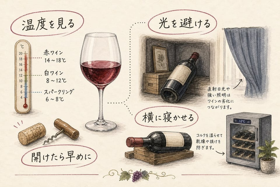 ワインの飲み方と保存の基本を温度、開栓後、光、横置きで説明する手書き風図解