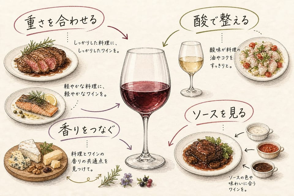 ワインと料理の合わせ方を重さ、酸、香り、ソースで説明する手書き風図解