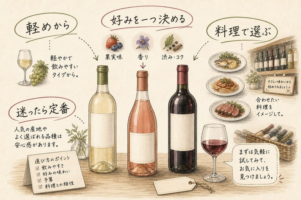 初心者が失敗しにくいワインの選び方を軽め、好み、料理、定番で説明する手書き風図解